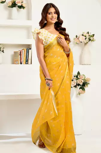 Yellow digital printed linen ready to wear designer saree with unstitched blouse