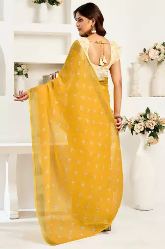Yellow digital printed linen ready to wear designer saree with unstitched blouse