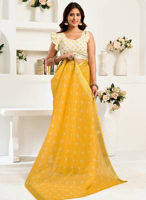 Yellow digital printed linen ready to wear designer saree with unstitched blouse 5