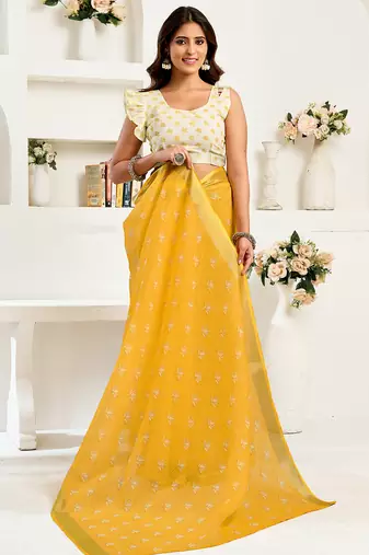 Yellow digital printed linen ready to wear designer saree with unstitched blouse