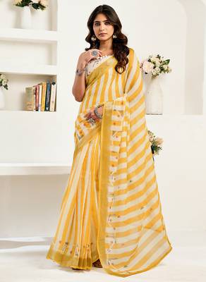 Yellow white digital printed linen ready to wear designer saree with unstitched blouse 1