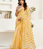 Yellow white digital printed linen ready to wear designer saree with unstitched blouse