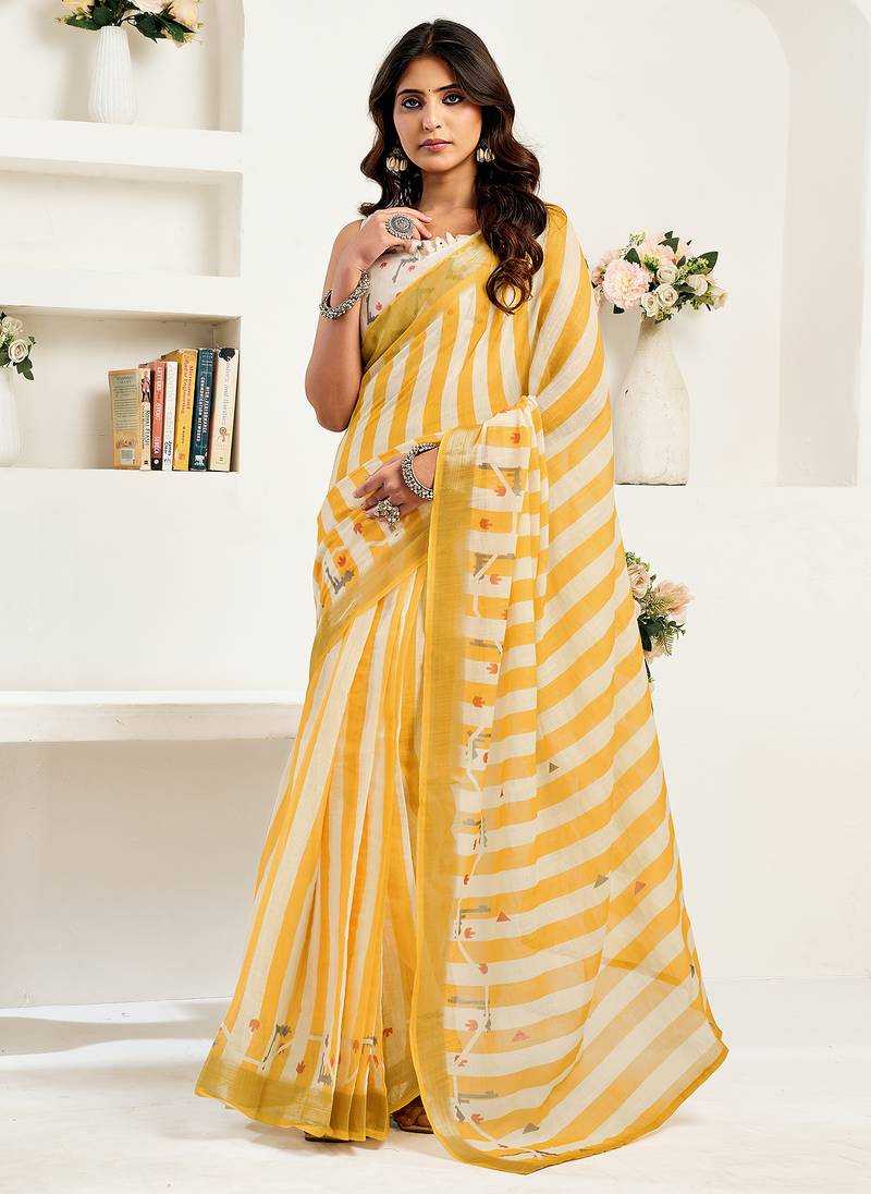 Yellow white digital printed linen ready to wear designer saree with unstitched blouse