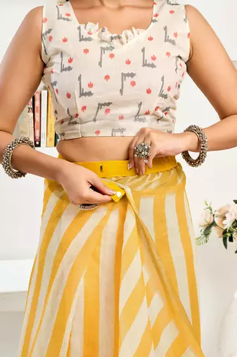 Yellow white digital printed linen ready to wear designer saree with unstitched blouse