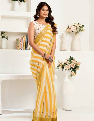 Yellow white digital printed linen ready to wear designer saree with unstitched blouse 3