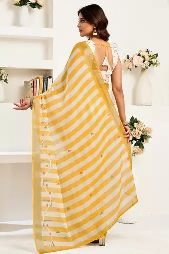 Yellow white digital printed linen ready to wear designer saree with unstitched blouse