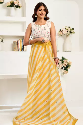Yellow white digital printed linen ready to wear designer saree with unstitched blouse