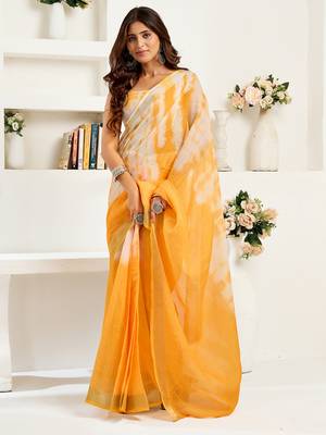 Yellow white digital printed linen ready to wear designer saree with unstitched blouse 3