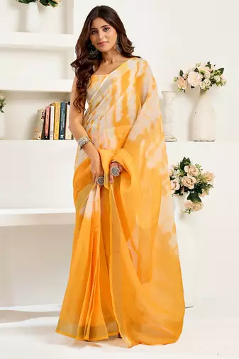 Yellow white digital printed linen ready to wear designer saree with unstitched blouse