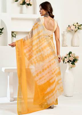 Yellow white digital printed linen ready to wear designer saree with unstitched blouse 4