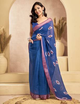 Digital printed linen ready to wear pocket saree with unstitched blouse 3