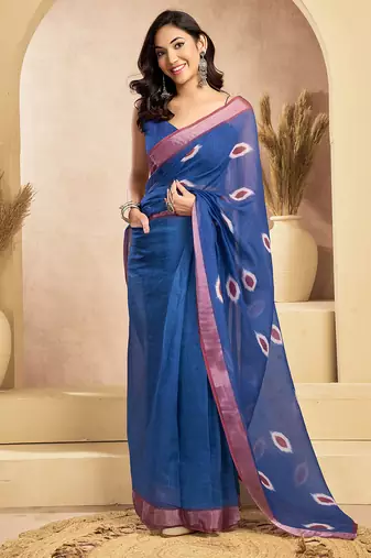 Digital printed linen ready to wear pocket saree with unstitched blouse