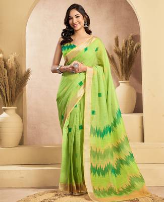 Digital printed linen ready to wear pocket saree with unstitched blouse 1