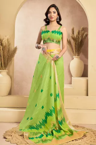 Digital printed linen ready to wear pocket saree with unstitched blouse