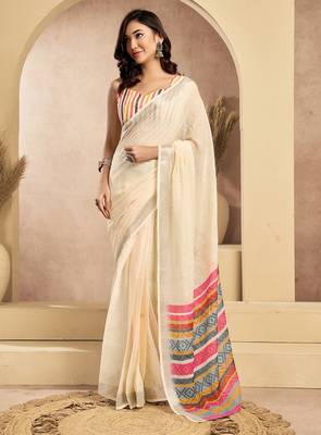 Digital printed linen ready to wear pocket saree with unstitched blouse 1