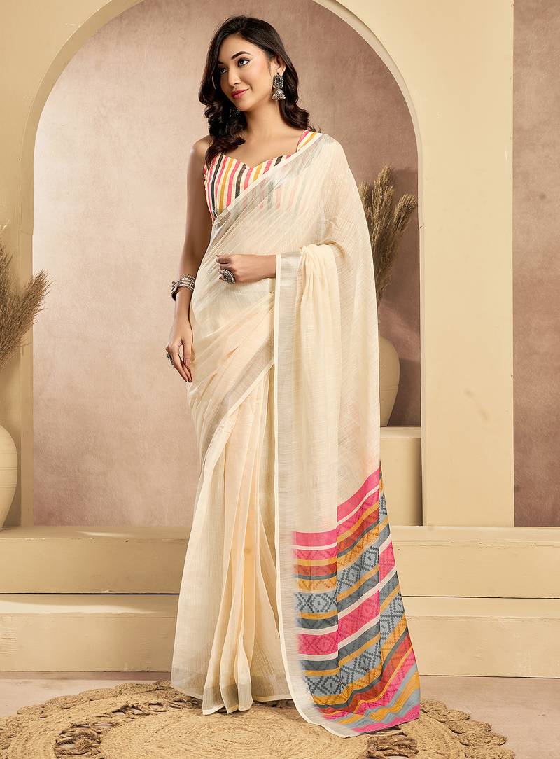 Digital printed linen ready to wear pocket saree with unstitched blouse