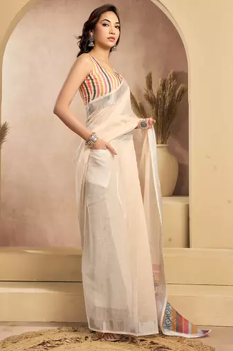Digital printed linen ready to wear pocket saree with unstitched blouse