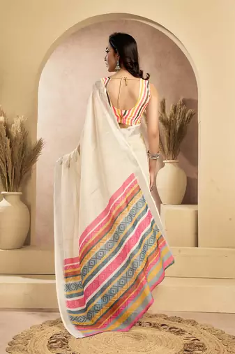 Digital printed linen ready to wear pocket saree with unstitched blouse