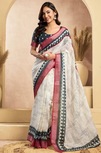 Digital printed linen ready to wear pocket saree with unstitched blouse