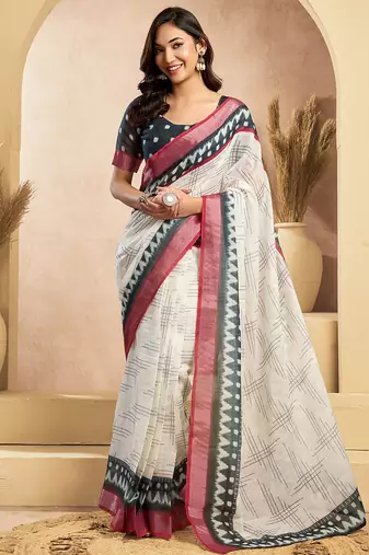 Digital printed linen ready to wear pocket saree with unstitched blouse