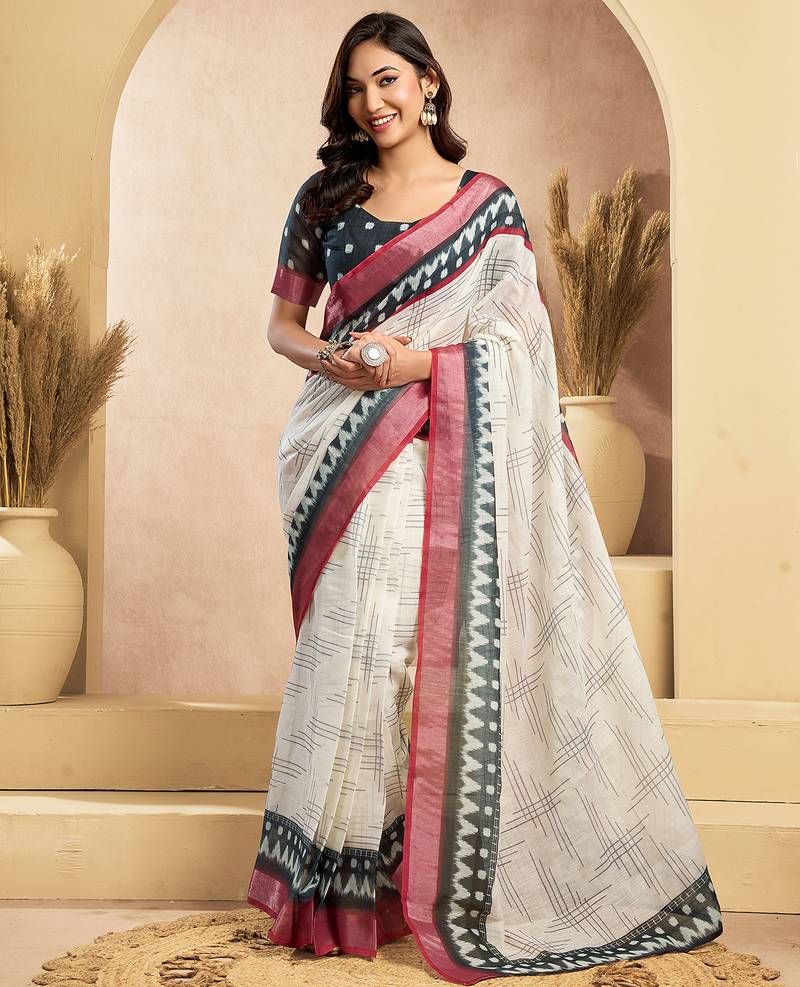 Digital printed linen ready to wear pocket saree with unstitched blouse