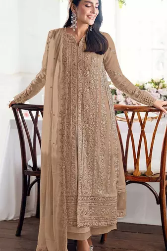 Beige embroidered georgette semi-stitched pakistani salwar suit