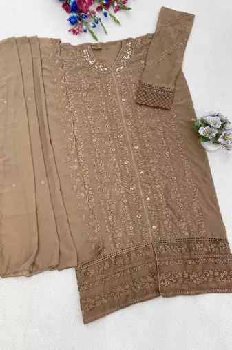 Beige embroidered georgette stitched salwar suit