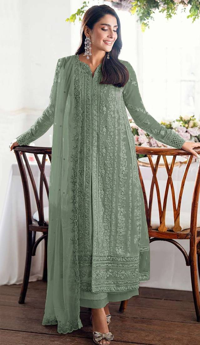 Green embroidered georgette semi-stitched pakistani salwar suit