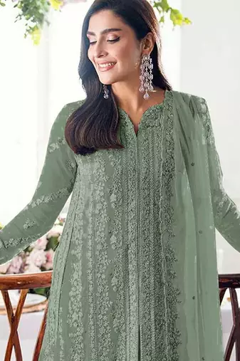 Green embroidered georgette stitched salwar suit