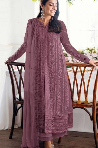 Mauve embroidered georgette semi-stitched pakistani salwar suit