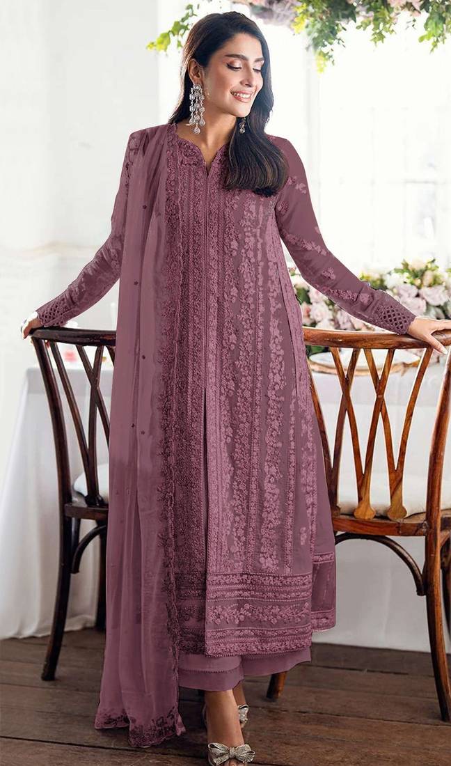 Mauve embroidered georgette semi-stitched pakistani salwar suit