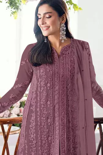 Mauve embroidered georgette stitched salwar suit