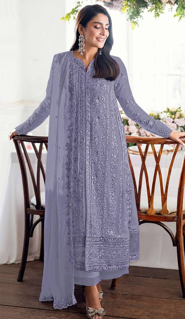 Purple embroidered georgette semi-stitched pakistani salwar suit