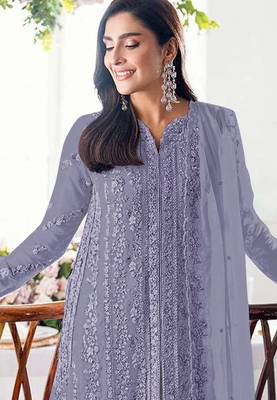 Purple embroidered georgette stitched salwar suit 2