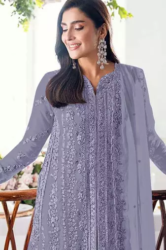 Purple embroidered georgette stitched salwar suit