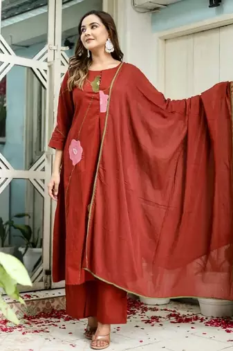 Floral embroidered red round neck pure cotton kurta set with trouser & dupatta