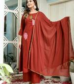 Floral embroidered red round neck pure cotton kurta set with trouser & dupatta
