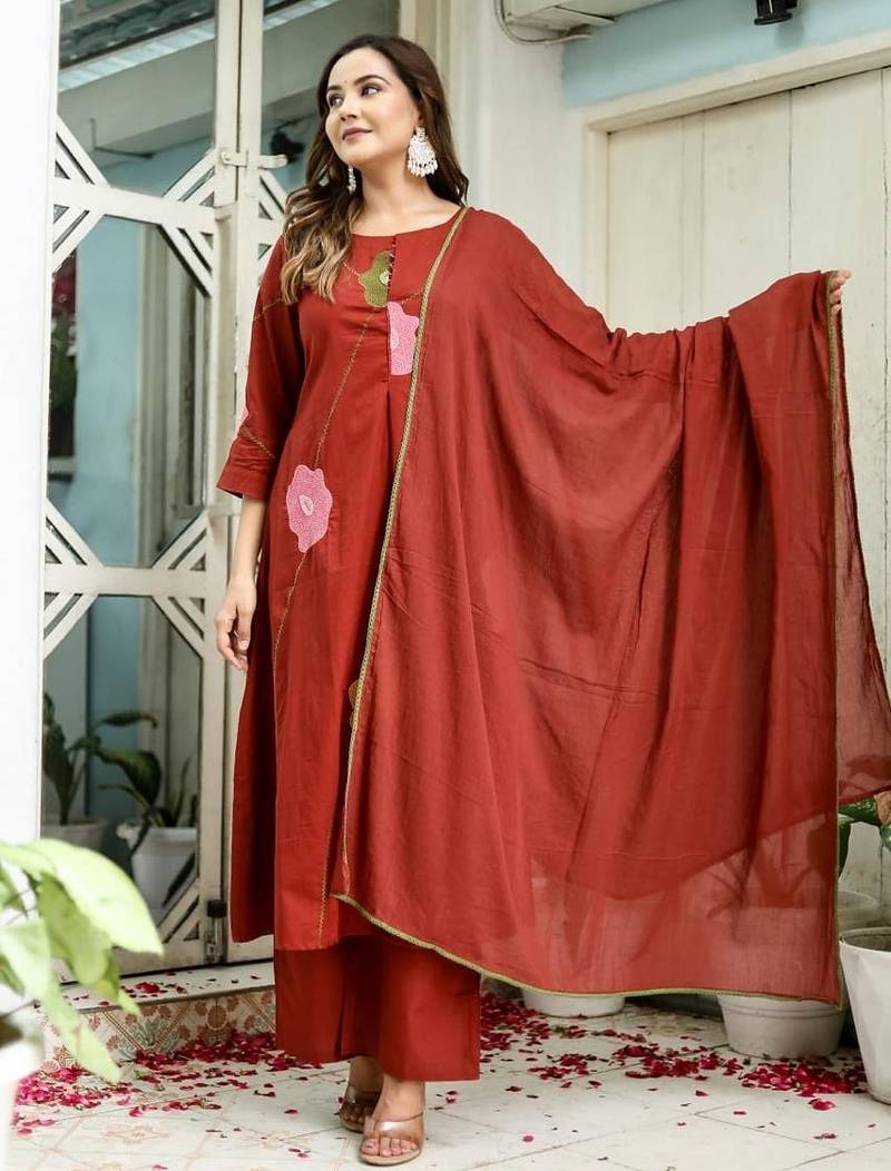 Floral embroidered red round neck pure cotton kurta set with trouser & dupatta
