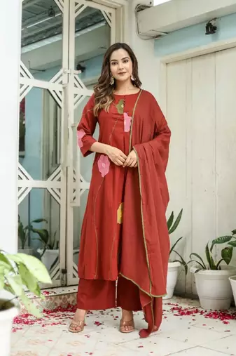 Floral embroidered red round neck  cotton kurta set with trouser & dupatta