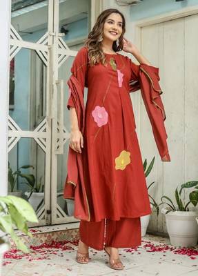 Floral embroidered red round neck  cotton kurta set with trouser & dupatta 3