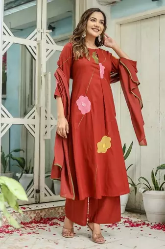Floral embroidered red round neck  cotton kurta set with trouser & dupatta