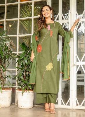 Floral embroidered green round neck  cotton kurta set with trouser & dupatta 1