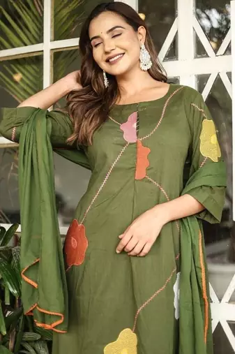 Floral embroidered green round neck  cotton kurta set with trouser & dupatta