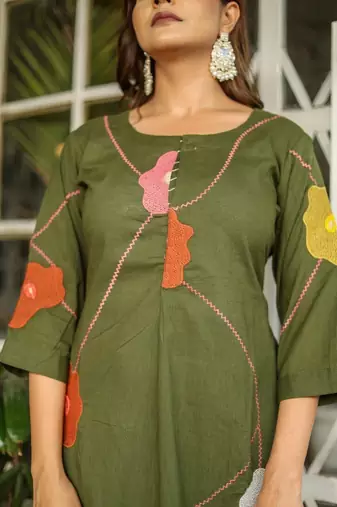 Floral embroidered green round neck  cotton kurta set with trouser & dupatta