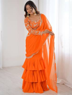  orange sequins georgette festival lehenga saree 1