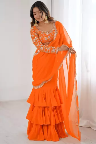  orange sequins georgette festival lehenga saree