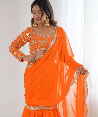  orange sequins georgette festival lehenga saree 2