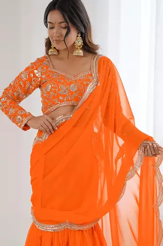  orange sequins georgette festival lehenga saree