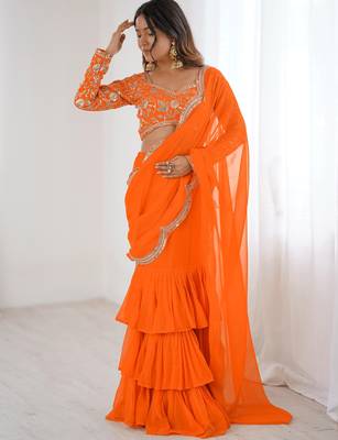  orange sequins georgette festival lehenga saree 3