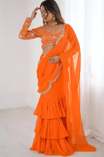  orange sequins georgette festival lehenga saree